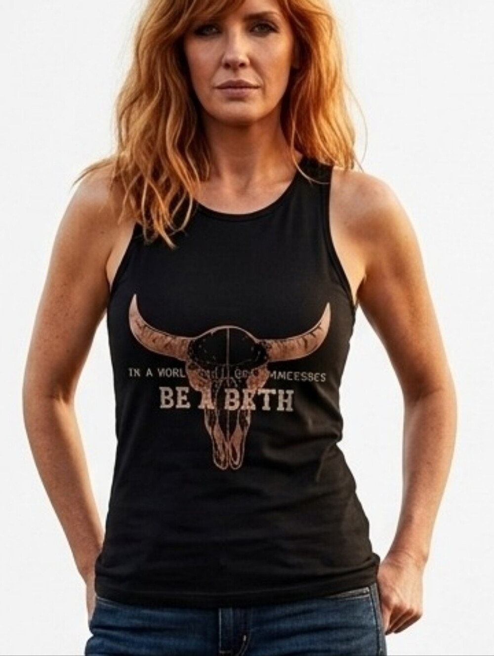 BE A BETH Black Graphic Tank Top with Western Bull Skull Print NWOT
